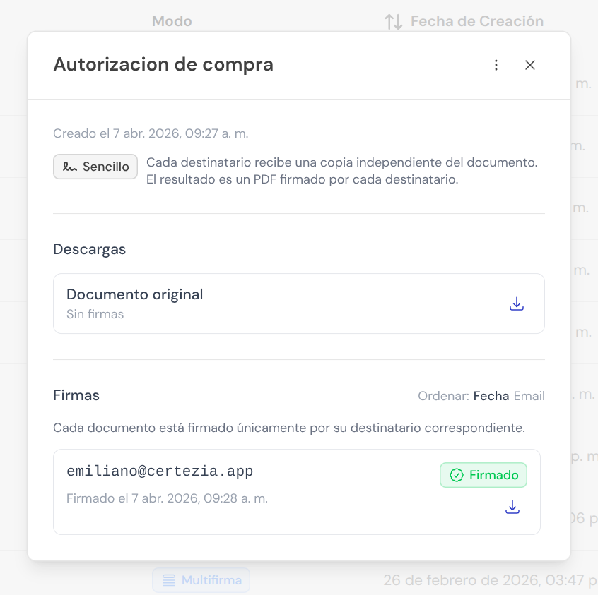 Detalle de documento firmado con estado de firma y opción de descarga en Certezia