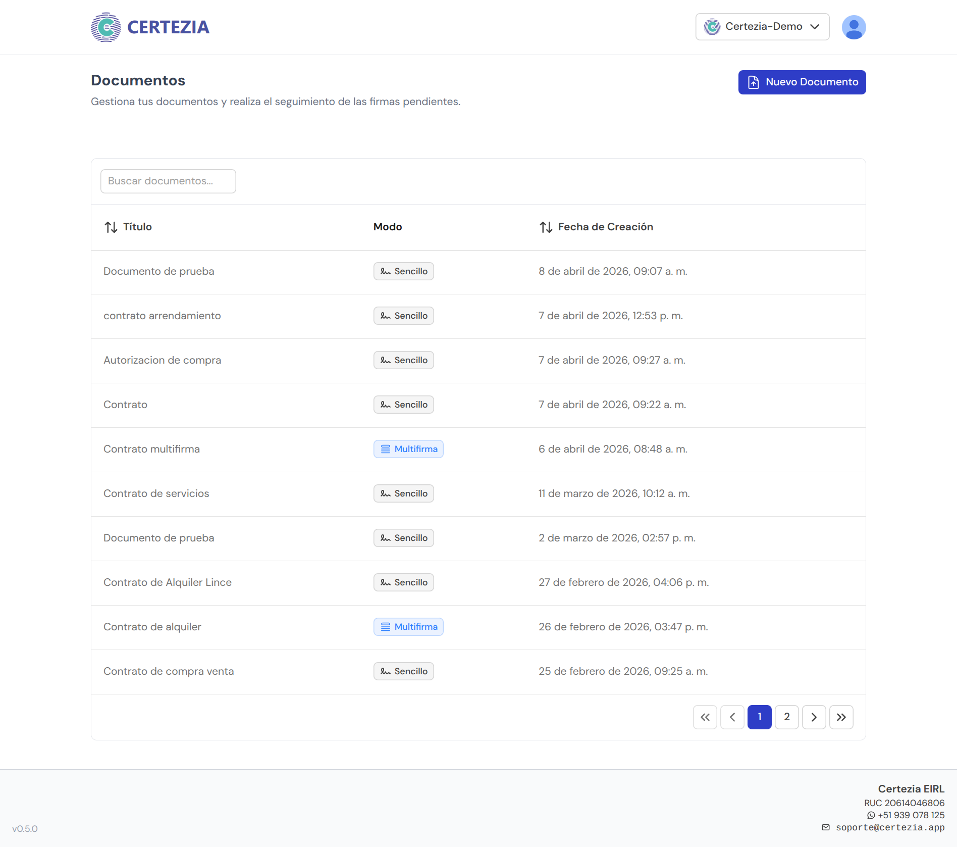 Panel de gestión de documentos en Certezia — vista de lista con estados de firma