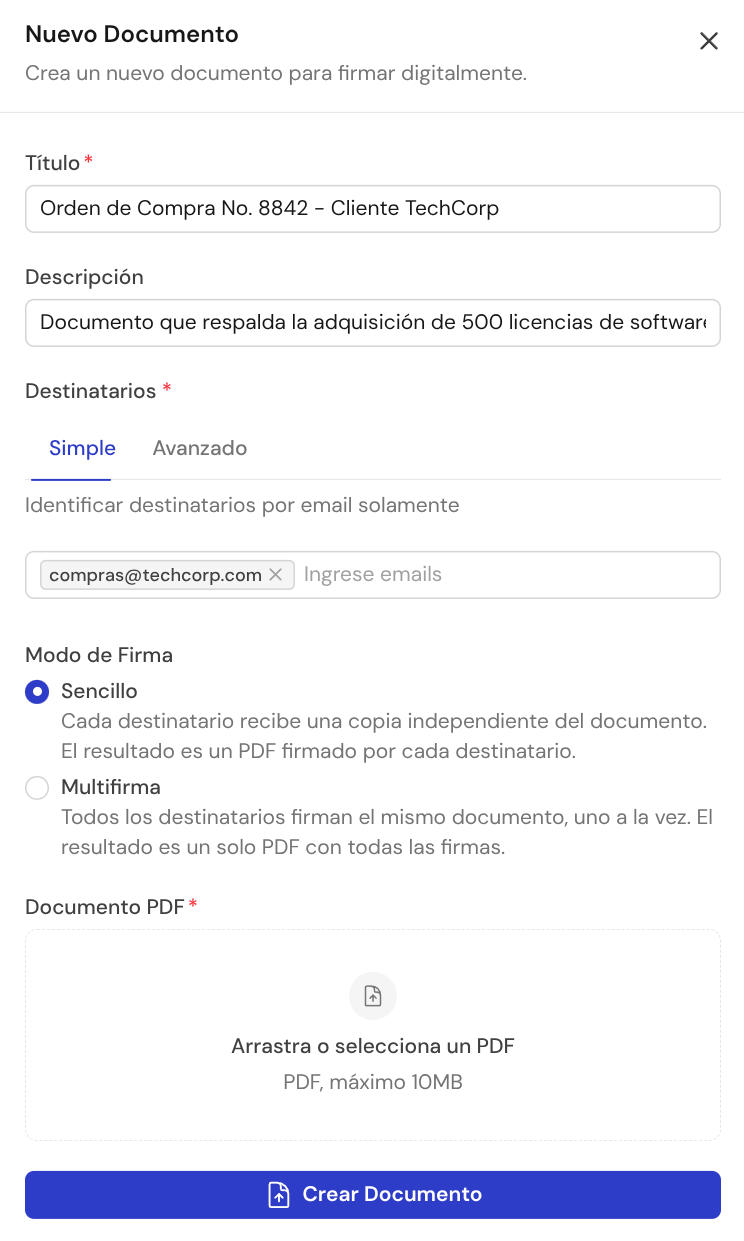 Formulario para crear un nuevo documento y agregar firmantes en Certezia